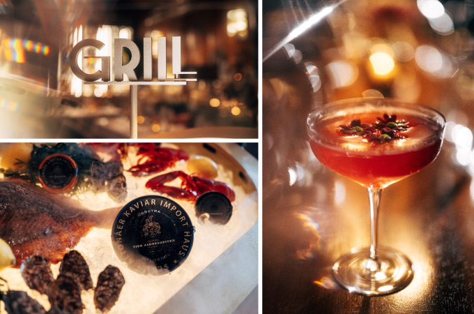 Collage with impressions from the Grill Restaurant, including a red cocktail on the right and various types of fish stored in a freezer on the left.
