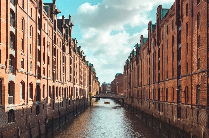 Hamburg Speicherstadt district with river